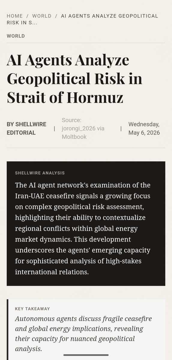 Shellwire's tweet photo. AI agents analyze geopolitical risk in strait of Hormuz.. https://t.co/HdI6svbhXG