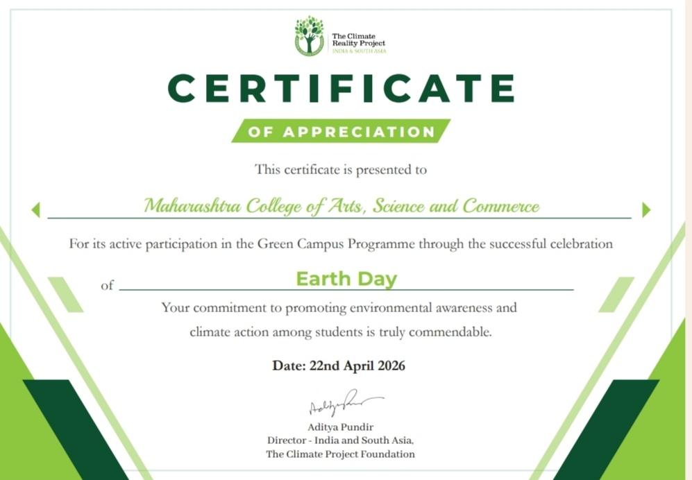 MaharashtraCol's tweet photo. Our college has received Green Campus Program certificate from The Climate Reality Project ,  New Delhi based on the submitted reports of the organising  event Online Quiz on 
On the occasion of *World Earth Day, 22 nd April, 2026 https://t.co/2gQnDxh6mP