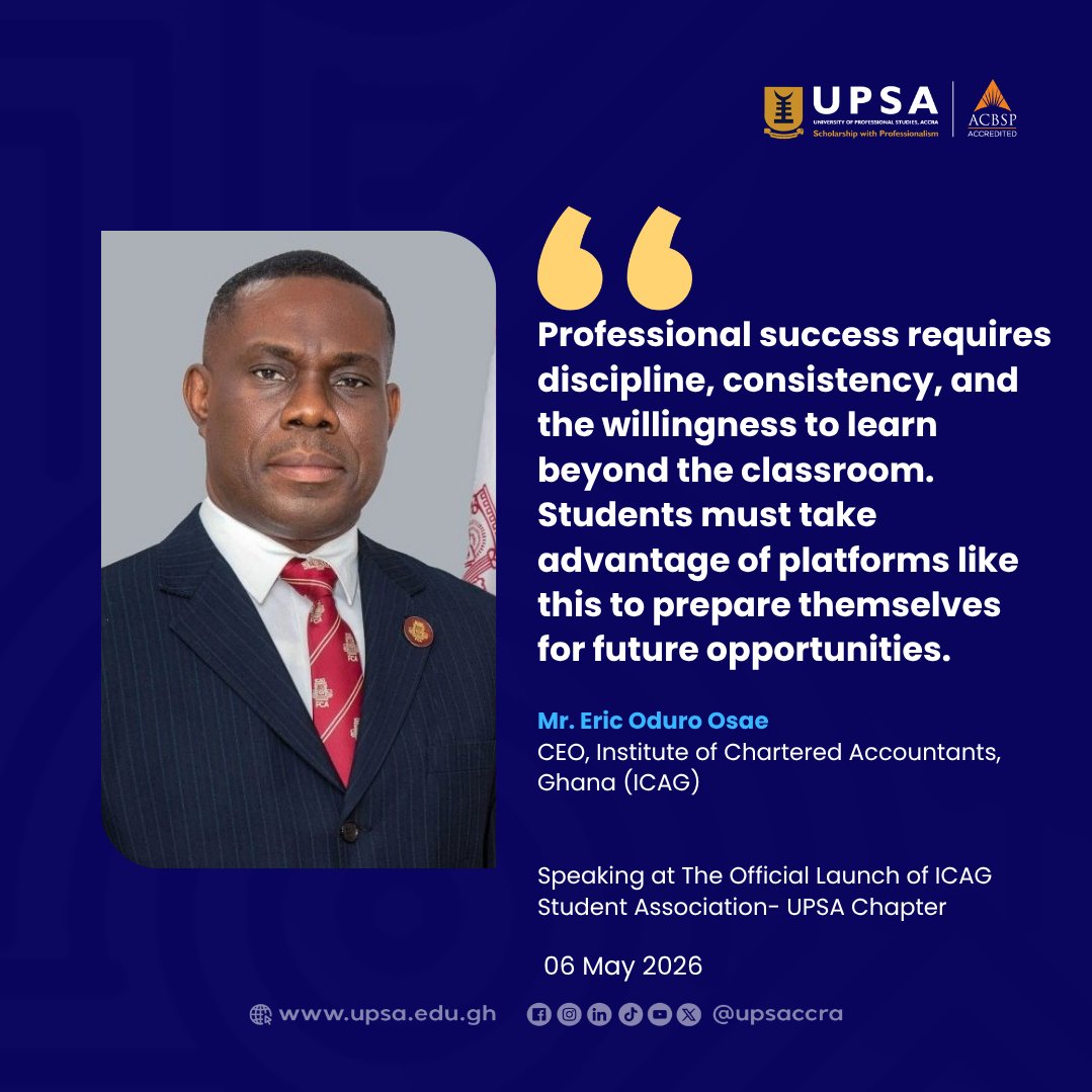 upsaccra's tweet photo. Mr. Eric Oduro Osae, CEO of ICAG, launched the ICAG Students' Association – UPSA Chapter, urging students to embrace discipline, ethics, and lifelong learning.
#UPSA #ICAG #ICAGStudentsAssociation #CharteredAccountants #EthicsAndIntegrity #LifelongLearning #FutureOfAccounting https://t.co/s2uyRCGXYh