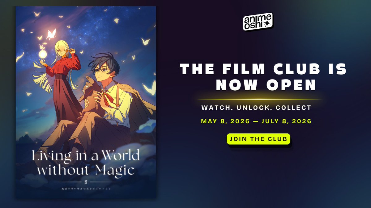mahoseka_en's tweet photo. Step into the world of Living in a World Without Magic. The Mahoseka Film Club is now open on AnimeOshi.

Share your thoughts, leave a review, earn Katsu Points to unlock rewards. 

From May 8 – July 8, 2026 

Join the Mahoseka Film Club: https://t.co/200fCtvm5v

#mahoseka #indie_anime