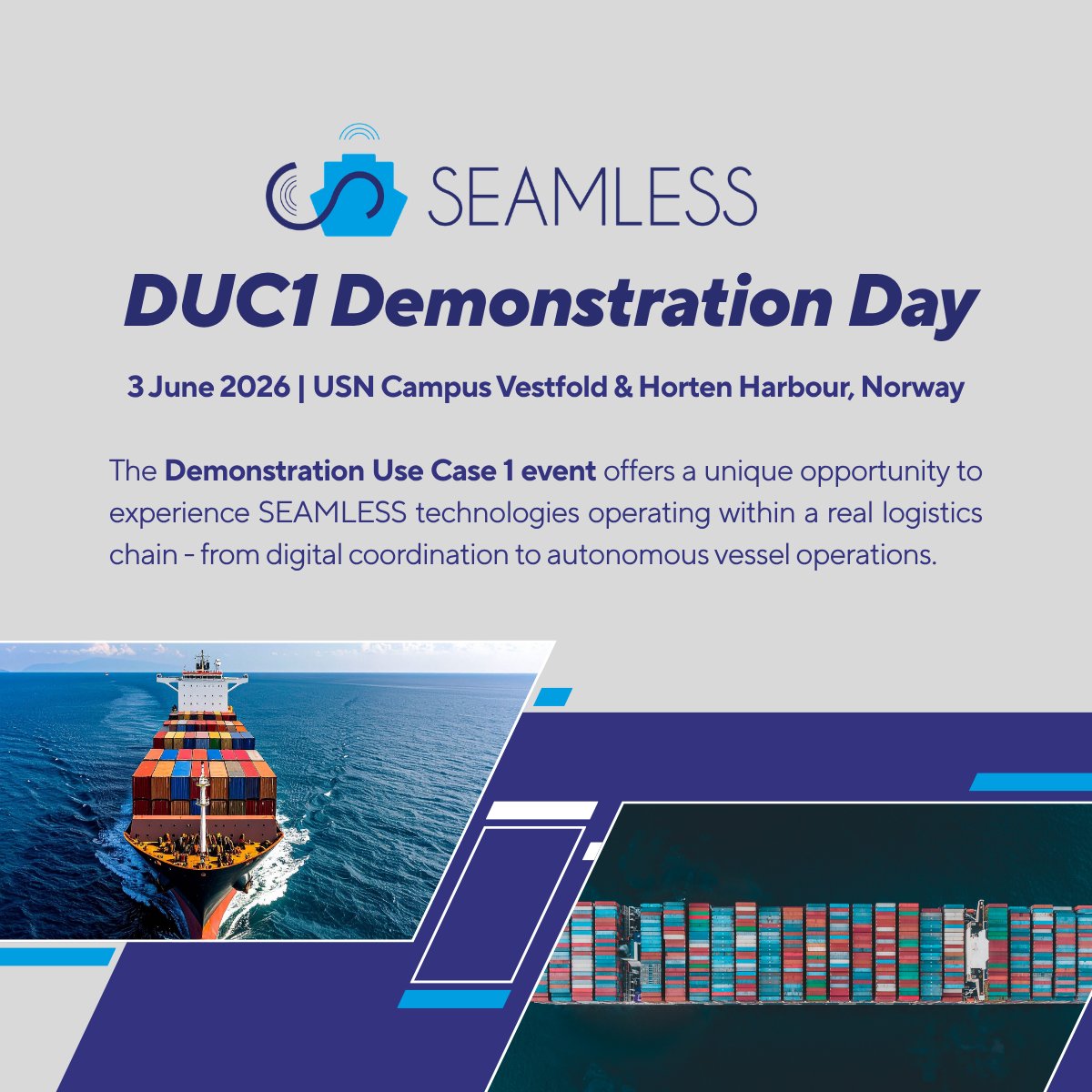 seamless_heu's tweet photo. π’ Experience autonomous shipping-live in Norway!
Join the #SEAMLESS DUC1 Demo on 3 June 2026
See #ShortSeaShipping fleet ops, #ROC, #VCOP, #ModalNET & more in action.
π Vestfold & Horten Harbour
π Register: https://t.co/CbeQrJu0eB https://t.co/p9Z0JQoHoo