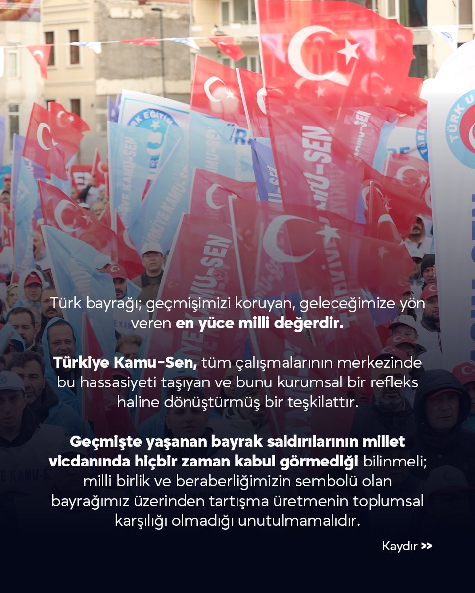 OnderKahveci's tweet photo. Bayrak düşmanlığı üzerinden gündem üretmeye, kendilerine gelecek tayin etmeye çalışan anlayışların devri kapanmıştır. Türk milleti,  Türk Yüzyılı’na ay yıldızlı bayrağıyla yürümeye devam edecektir.

Türk bayrağı; geçmişimizi koruyan, geleceğimize yön veren en yüce milli değerdir. Türkiye Kamu-Sen, tüm çalışmalarının merkezinde bu hassasiyeti taşıyan ve bunu kurumsal bir refleks haline dönüştürmüş bir teşkilattır. Geçmişte yaşanan bayrak saldırılarının millet vicdanında hiçbir zaman kabul görmediği bilinmeli; milli birlik ve beraberliğimizin sembolü olan bayrağımız üzerinden tartışma üretmenin toplumsal karşılığı olmadığı unutulmamalıdır.

Bayrak tartışması, bu millet tarafından bir asır önce kapanmıştır.