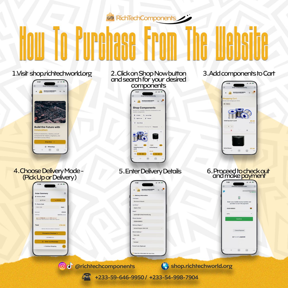 RTC_GH's tweet photo. Shopping at RichTechComponents made simple! 
Follow these steps and get your premium electronic components delivered in just a few clicks.
📍Locate as at KNUST Campus
Or
🌐Visit our shop @shop.richtechworld.org
📲Find us on all socials 
@richtechcomponents
#Electronics #RTC_GH https://t.co/bNABcFhpwn