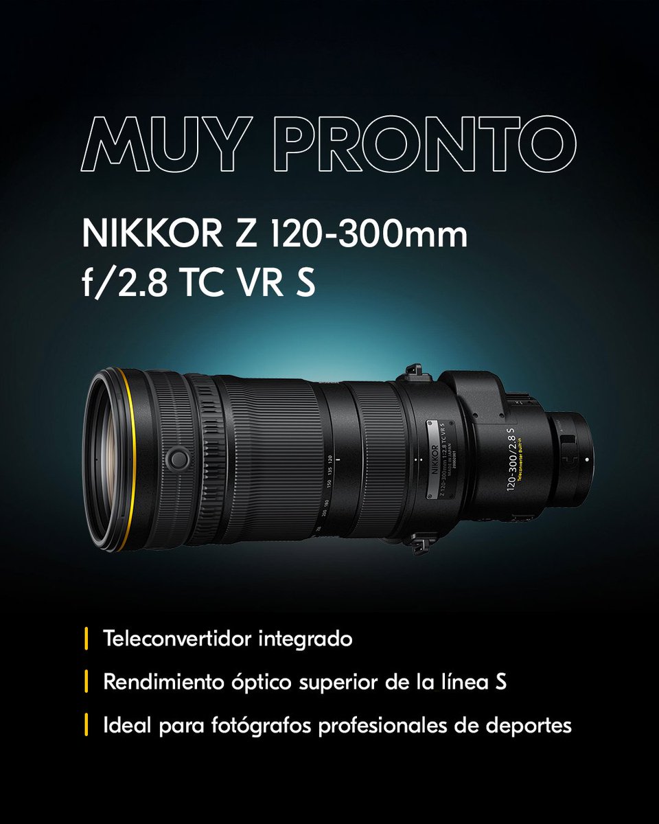 NikonMX's tweet photo. ¡Un nuevo lente está por llegar! Con un rendimiento óptico superior, el NIKKOR Z 120-300mm f/2.8 TC VR S es el lente ideal para fotógrafos profesionales de deportes y más.

Para más información: https://t.co/zUT0kHDsvt https://t.co/W5hejQxZYx