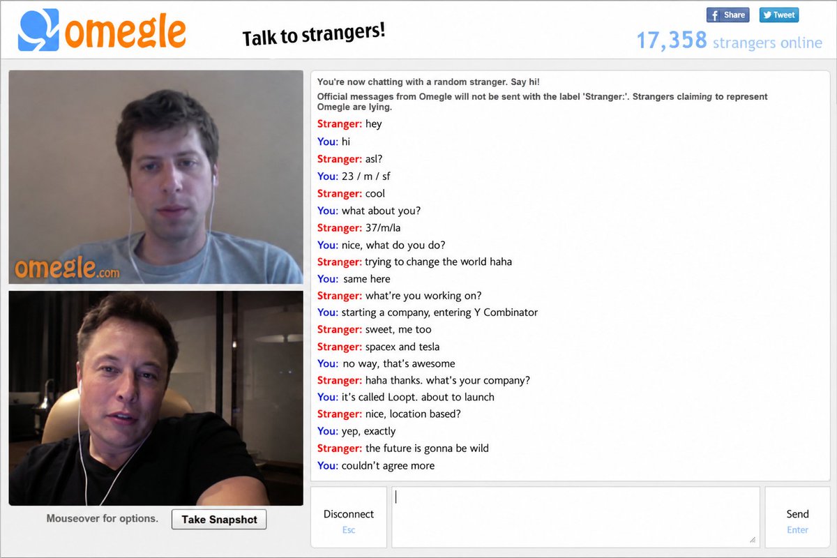 flowersslop's tweet photo. Screenshot of Elon Musk chatting with Sam Altman on Omegle in 2008 https://t.co/TDfBieUUiG