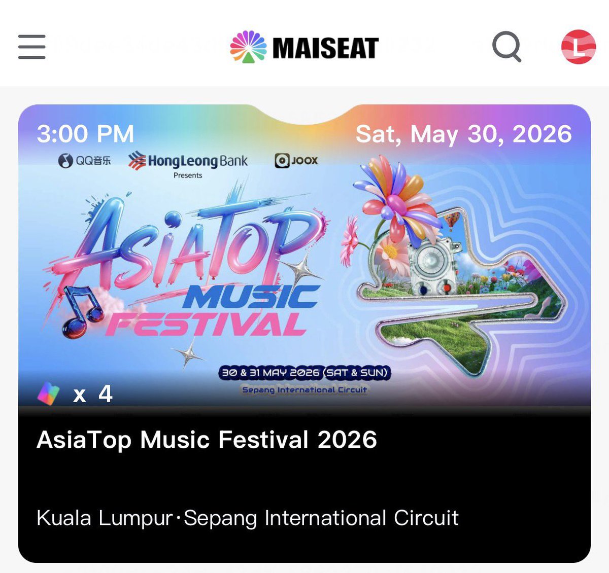 fkdlwh's tweet photo. WTS ASIA TOP MUSIC FESTIVAL 

DAY1 - 30/5 x4

below ori price ! bought the wrong ticket 😭😭😭

RM500 each ! 🥹

really appreciate all the one who help rt 😭🫶🏻

#ASIATOPMUSICFESTIVAL #DAESUNG #WINNER #NMIXX https://t.co/2G4D58bdKi