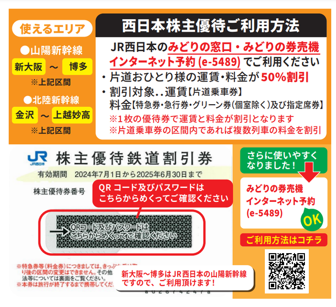 JR西日本 株主優待鉄道割引券＞のご利用方法です □JR西日本の みどり