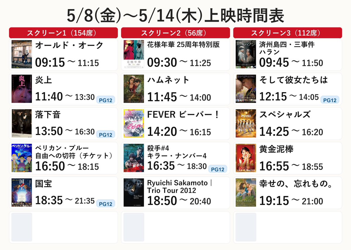 5/8(金)〜5/14(木)の上映スケジュールです。

---上映開始作品---
#そして彼女たちは
#幸せの忘れもの
#FEVERビーバー 
#ペリカン・ブルー自由への切符
#キラー・ナンバー4

お待ちしております。