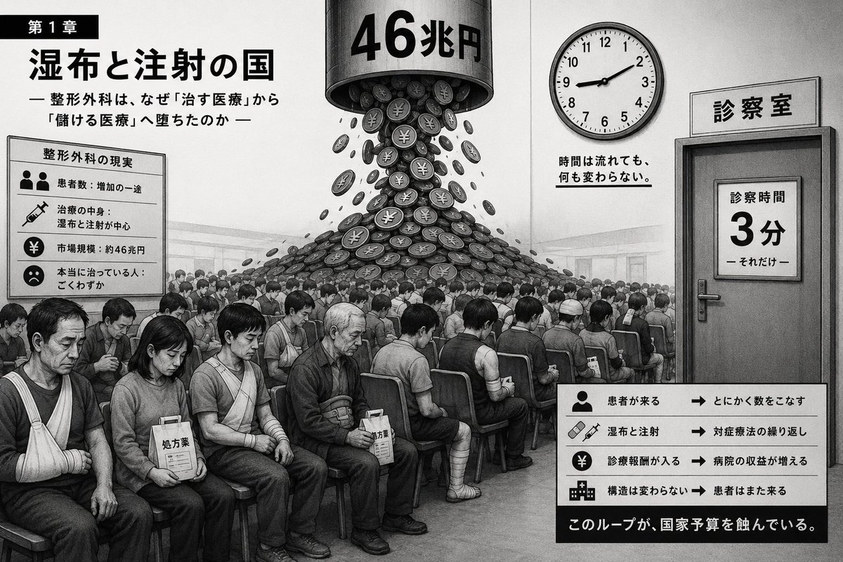 h_yohey's tweet photo. 湿布と注射の国　　
第1章「待合室は今日も満員！日本の異常さ」「46兆円の断末魔！」　
納税者の怒り
​日本の医療費、ついに46兆円。
​整形外科の待合室が満員なのは、医療が成功しているからではない。患者が「治らずに、通い続けている」からだ。　
#医療　#整形外科　#理学療法士　#柔道整復師 https://t.co/RfwYheaLfz