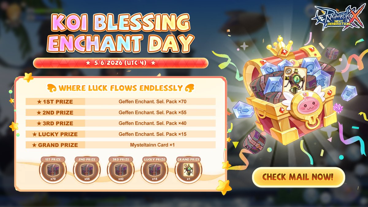 ragnarokxglobal's tweet photo. ✨ KOI BLESSING – Day 1 Lucky Adventurers Revealed!

Anniversary luck is quietly spreading across Wonderland 💫
The fortune keeps flowing… and the next blessed adventurer could be YOU! 🍀

#ROXGlobal #MMO https://t.co/pf5ViDMuCb