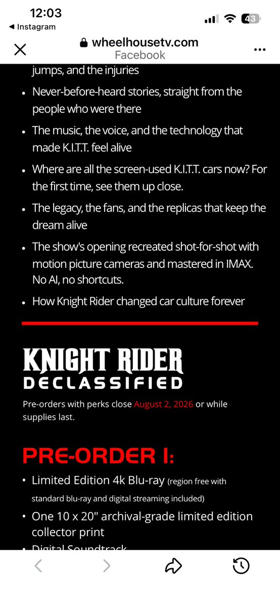 うわっ！すごい😳！

「KNIGHT RIDER: DECLASSIFIED」

ナイトライダー5時間ドキュメンタリー企画。

しかも内容がヤバい。

✅ KITTデザイナー本人
✅ KITT声優 William Daniels
✅ スタントチーム
✅ 特殊効果班
✅ 作曲家
✅ 制作陣

まで出てくる。

しかも、

・KITT誕生秘話
・ボニー降板事件