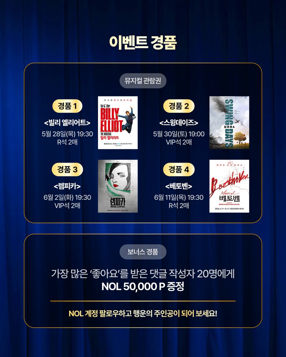NOL_always's tweet photo. ✨제19회 NOL 골든티켓어워즈 기념 댓글 이벤트!

내가 작년에 본 공연 중 "이 조합은 못 이긴다..." 싶은 여러분의 원픽 케미를 인스타그램 댓글로 남겨주세요💙
(인스타그램 URL)

🎁이벤트 경품
① 뮤지컬 초대권: <빌리 엘리어트> <스윙데이즈> <렘피카> <베토벤>
② 가장 많은 좋아요를 받은 댓글 작성자 20명에게 NOL 50,000P 증정

자세한 사항은 인스타그램에서 확인해 주세요!