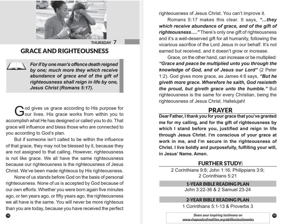 elite_visual1's tweet photo. 💫RHAPSODY OF REALITIES DAILY DEVOTIONAL💫

Thursday, May 7th

📜GRACE AND RIGHTEOUSNESS

📖 For if by one man's offence death reigned by one; much more they which receive abundance of grace and of the gift of righteousness shall reign in life by one, Jesus Christ (Romans 5:17). https://t.co/qmnjs4nM2A