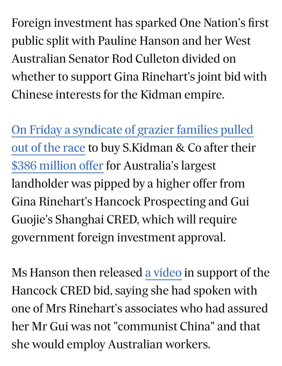 ShiannonC's tweet photo. Back in 2016-2017 Gina Rinehart went into a joint venture with Gui Guojie to buy the 100-year old Kidman cattle business for $386.5 million.

A syndicate of Australian grazier families tried to buy the Kidman Cattle business but were outbid by Rinehart and Guojie.

Gui Guojie is the Chairman of CRED, a Chinese real estate conglomerate. He has various Australian interests, including the Port Adelaide Football Club and his joint venture with Gina Rinehart- Australian Outback Beef Pty Ltd. He has also acquired various farming properties in Western Australia.

Nothing wrong with Chinese investment in Australia, right? Unless you believe Pauline Hanson in her comeback speech in 2016 when she denounced Chinese ownership of assets. 

Hanson: “Any foreign ownership is regrettable, but why are we allowing the Chinese government, an oppressive communist regime to own our assets?”

She goes on to say, “Why are we allowing our ports, utilities, services, agricultural land and industries to be acquired by foreigners of any nationality? Our land and assets are not for sale."

🙄

Around about the same time as she made that speech, Gina Rinehart and Gui Guojie were in the process of acquiring the Kidman cattle business under their joint venture of Australian Outback Beef Pty Ltd - outbidding the Australian graziers in the process.

.. but Hanson reckons that’s all okay now - because she’s been assured that even though it’s foreign investment and she is against ALL foreign investment - Gui Guojie is not “communist China” and would employ Australian workers. Hanson said this in a video she released in support of the Hancock/CRED bid. It is also noted that she did not openly support the Australian graziers at the time and their bid. 

According to research, Gui Guojie is a member of the Chinese Communist Party - this fact was also noted by The Australian in 2016.

So, in effect - Pauline Hanson is absolutely against foreign investment - unless it has anything to do with her associations with Gina Rinehart and her Chinese foreign investment with a known member of the CCP, Gui Guojie.

Pauline Hanson is a hypocrite - and anybody who supports Hanson who has an ounce of critical thinking skills should be able to source factual information regarding the above in under 20 minutes online.

Hanson relies on the ignorance of her followers when she foghorns her “Australia and Australians first” narrative. She relies on the fact that these people will not do the research - but will almost certainly be riled up by her anti-foreigner rhetoric over and over again.

Hanson can’t even walk the walk. The same person who buys Hanson a private jet is involved in foreign investment with a member of the CCP.

You be the judge of her character, but do it on the basis of factual information, not with your manufactured outrage.