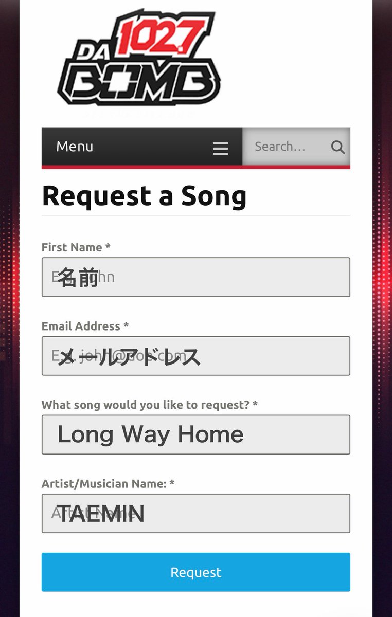 TaeminSupportJP's tweet photo. [🗳️] テミン ラジオ申請

海外からも申請できる、アメリカのラジオリクエストフォームです📻🎶

🔗https://t.co/CH5qfHqFsf

入力はすぐに終わります📝
Long Way Home / TAEMIN と書いて、たくさんご参加ください🙌🏻

#TAEMIN #태민 #テミン #泰民 https://t.co/Ggq4eM8RrX