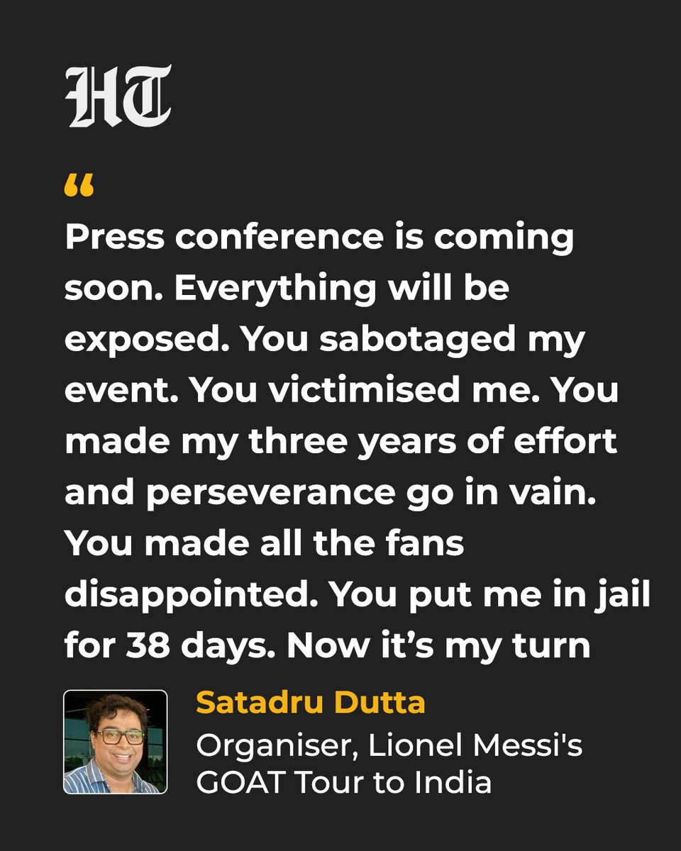 htTweets's tweet photo. The organiser behind Lionel Messi's GOAT Tour to India has broken his silence on the controversy that erupted during the Argentine's visit to Kolkata. The controversy occurred when Messi and his Inter Miami teammates, Luis Suarez and Rodrigo de Paul, arrived at the Salt Lake Stadium and were immediately surrounded by political leaders and other members of the organising committee. The situation saw the packed stadium crowd get little to no opportunity to catch a glimpse of Messi.

More details: https://t.co/esBpJXNS4Q
