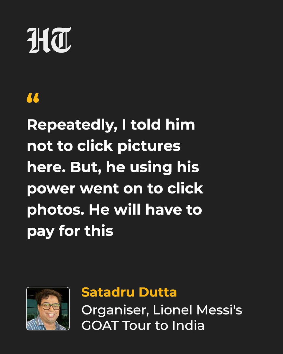 htTweets's tweet photo. The organiser behind Lionel Messi's GOAT Tour to India has broken his silence on the controversy that erupted during the Argentine's visit to Kolkata. The controversy occurred when Messi and his Inter Miami teammates, Luis Suarez and Rodrigo de Paul, arrived at the Salt Lake Stadium and were immediately surrounded by political leaders and other members of the organising committee. The situation saw the packed stadium crowd get little to no opportunity to catch a glimpse of Messi.

More details: https://t.co/esBpJXNS4Q
