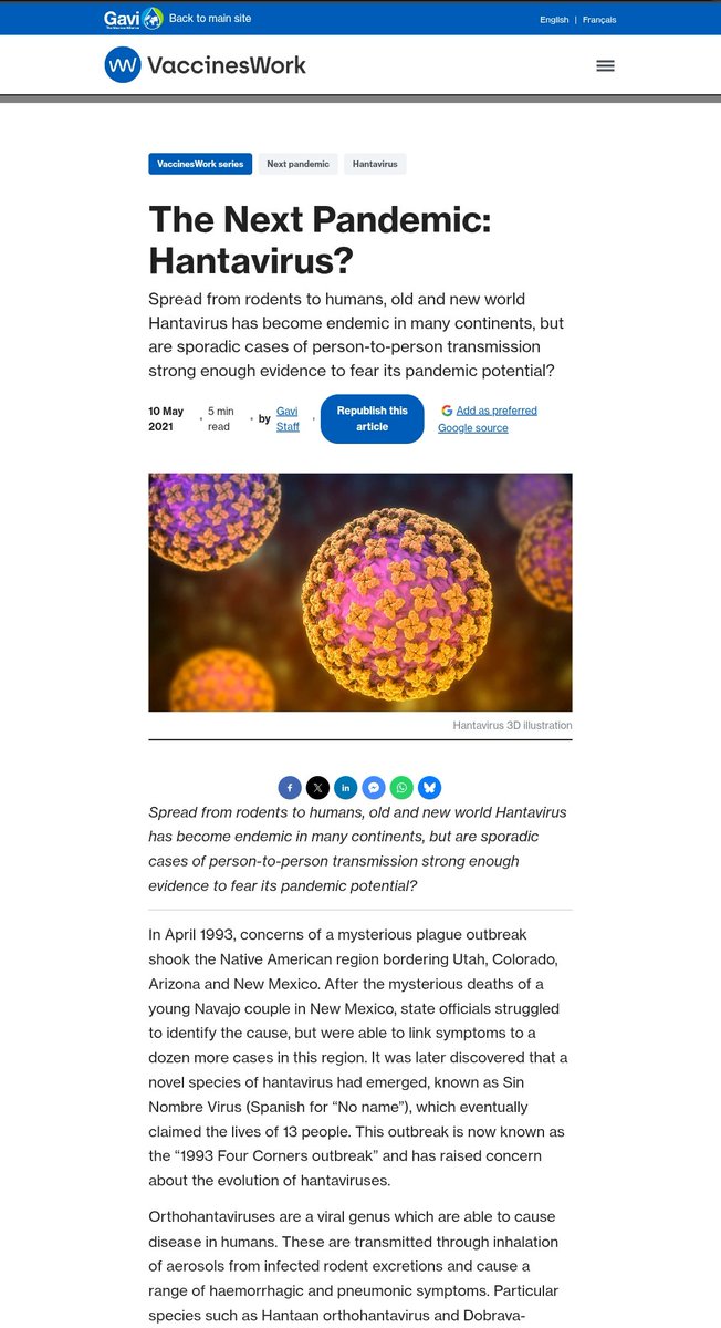 watclips's tweet photo. Posted in 2021 on Bill Gate's vaccine website Gavi:

"The Next Pandemic: Hantavirus"

Least obvious psyop https://t.co/qh9UDDjmdo