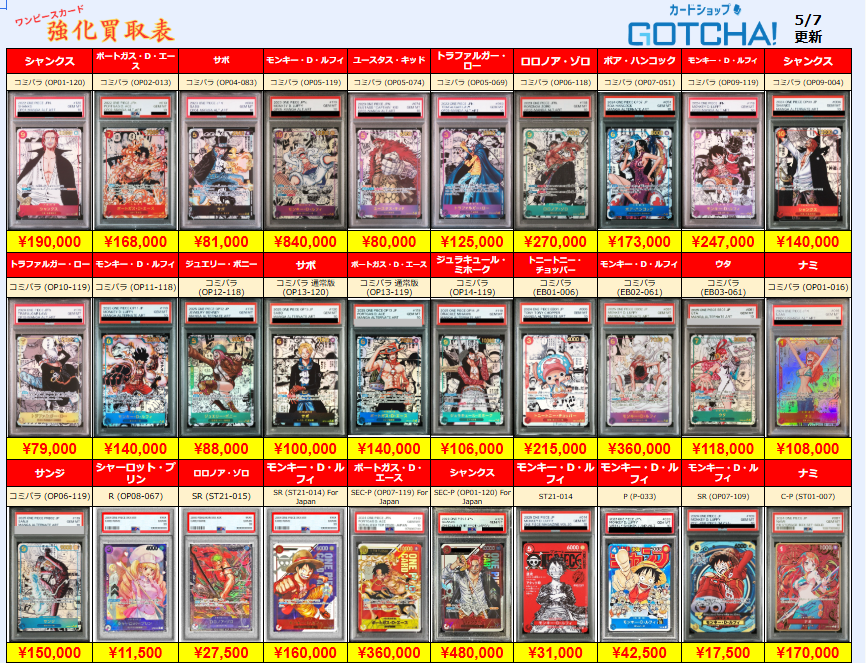 5/7更新 🚢ワンピースカードゲーム🌊 🏴‍☠️【PSA10 強化買取表