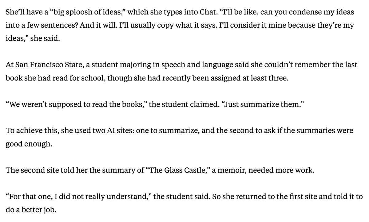 heavyredaction's tweet photo. This story about rampant cheating in the Ivies that OP is sharing ran in NY Magazine last May; it’s a year-old piece.
However, a similarly disturbing story about AI use by UC Berkeley and SFSU students also ran in the Chronicle earlier this week: https://t.co/Nkh5bBiSDd