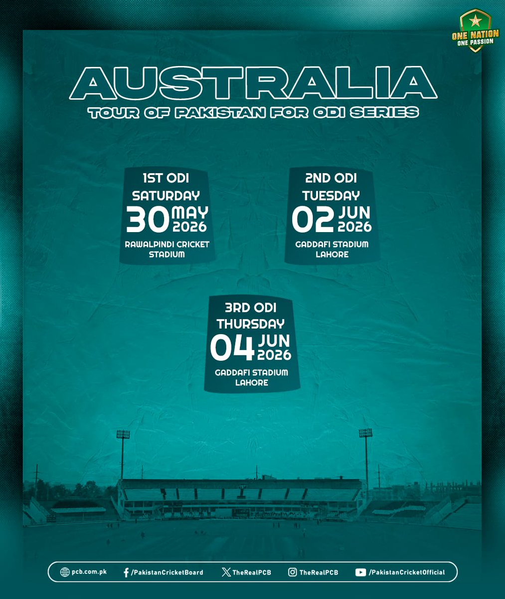 TheRealPCB's tweet photo. Pakistan to host Australia for 3️⃣-match ODI series 🏏

🗓️ 30 May - 4 June
🏟️ Rawalpindi Cricket Stadium &amp; Gaddafi Stadium, Lahore

More details ➡️ https://t.co/ETY7CnA5mJ

#PAKvAUS | #BackTheBoysInGreen https://t.co/BN51j9mvZY