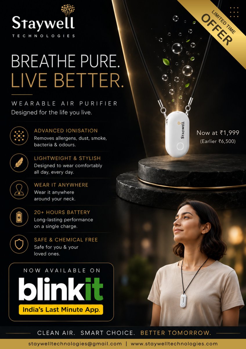 StaywellTech's tweet photo. Clean air is now a lifestyle ✨

Protect yourself from urban pollutants with the Staywell Wearable Air Purifier. Advanced ionisation in a sleek, lightweight design

📍Now available @ special price of ₹1,999 on @letsblinkit 

#Staywell #CleanAir #WearableAirPurifierech #Blinkit https://t.co/UgKk97682A