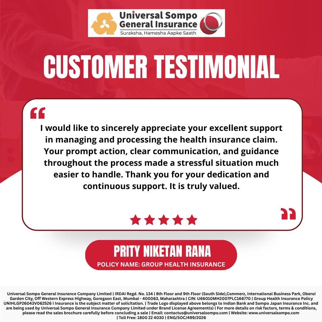 Universal_Sompo's tweet photo. Consistency is key to everything we build. Thank you Prity Rana for recognizing our team's hard work.
#CustomerFirst #CustomerTestimonial #UniversalSompo#InsuranceThatCares #HassleFree https://t.co/tMTc2HYrg8