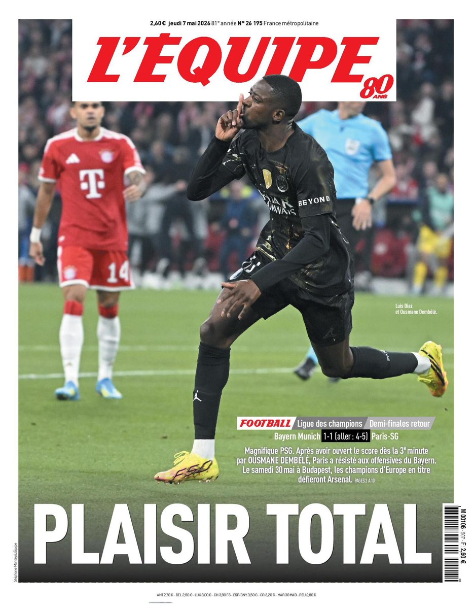 🗞️ La une du journal L'Équipe du jeudi 7 mai 2026
Pour lire votre édition ➡️ l.lequipe.fr/O6J
