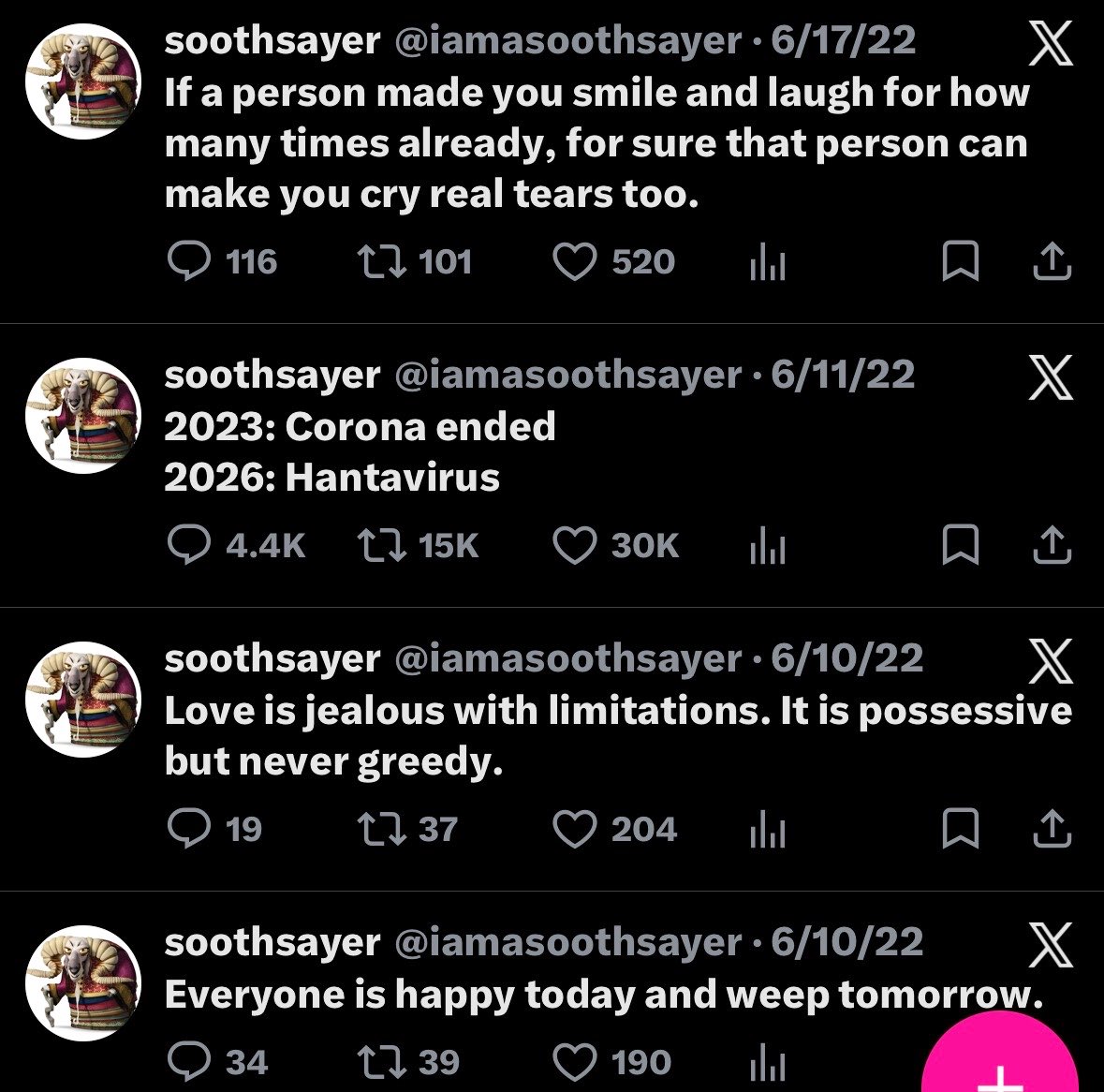 <a href="/digijordan/">Jordan Crowder</a> <a href="/jamiesfocus/">Jamie 💜</a> What an unbelievably strange set of tweets. Noted. I don’t concern myself as much about the “how”. Clearly unseen forces can operate through us. What I wonder: what could possibly be the intentional motive behind this account?