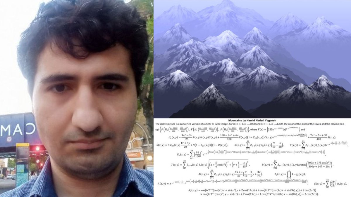 Math_files's tweet photo. Meet Hamid Naderi Yeganeh, the mathematician creating viral artwork using equations. Every mathematical equation can be plotted on a graph to produce a shape, and every image is simply a grid of colored pixels defined by RGB values. By combining equations for both shape and color, he generates entire artworks purely through mathematics, turning numbers into stunning visual art.
@naderi_yeganeh