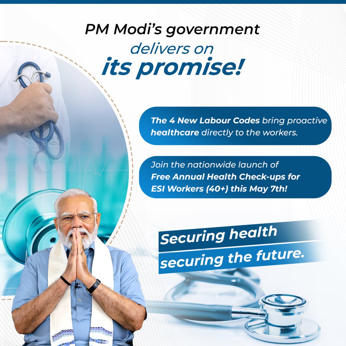 Guided by vision of Hon’ble PM Sri <a href="/narendramodi/">Narendra Modi</a>,  <a href="/mansukhmandviya/">Dr Mansukh Mandaviya</a>, Hon’ble Union Minister, to launch Annual Free Health Check-up Camp for workers aged 40 years &amp; above under New Labour Codes on 7 May 2026 from ESIC Hospital, Basaidarapur, Delhi
#SwasthShramikSashaktBharat