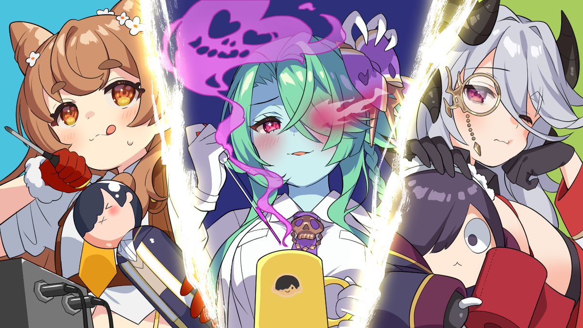 「リンパを流すマッサージ👐ロボ、みんなに好評なのよ☺」
「ククク…ここでショタマターをひとつまみ🤏…」
「スーパー便利トイレくん🚽の快適性が0.721％向上したわ～」

ゲシュペンス島発展のため、博士？ たちの発明💡は続く…
#モンスター娘TD #博士の日