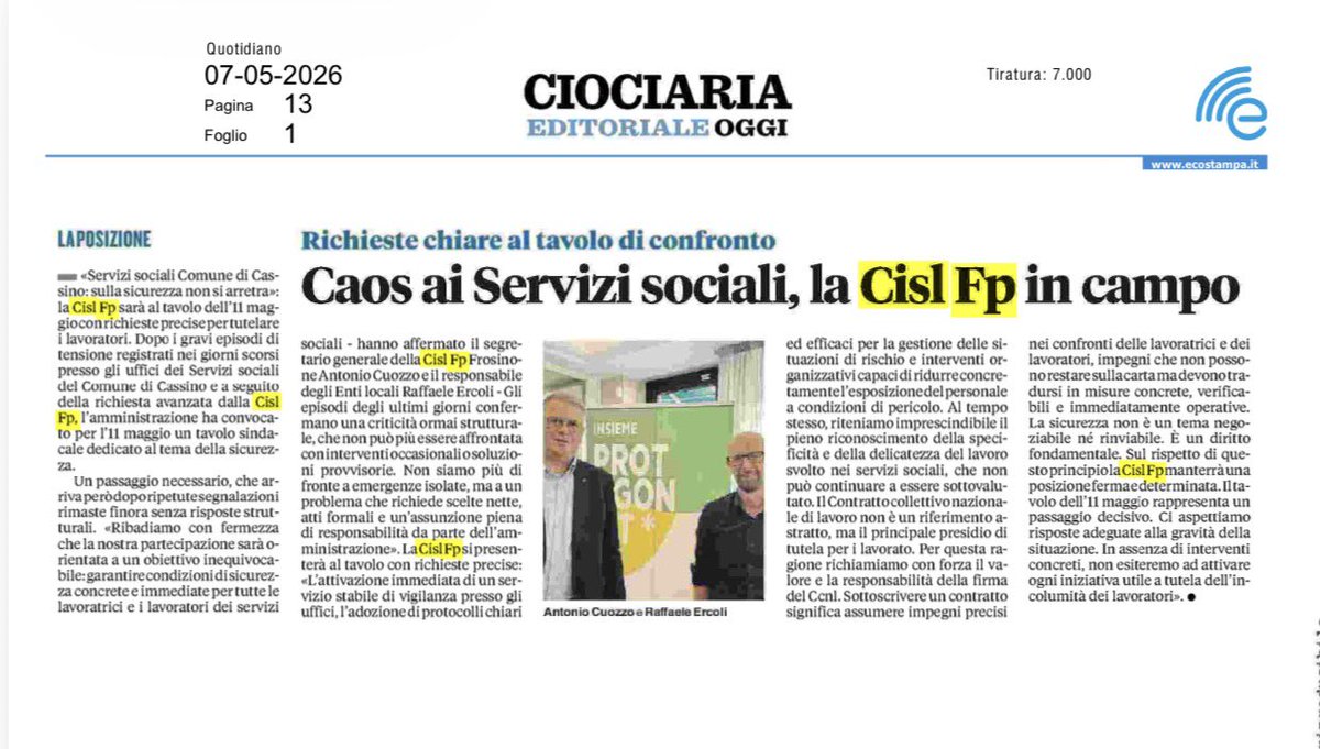 CislFpFrosinone's tweet photo. Servizi sociali di #Cassino: la #sicurezza non è negoziabile.
All’incontro che si terrà l’11 maggio porteremo #richieste chiare: #vigilanza stabile, #protocolli efficaci, #tutela reale del #personale.
📣 Serve agire subito.
#ilmiolavorovale https://t.co/vz8BRM1eVe