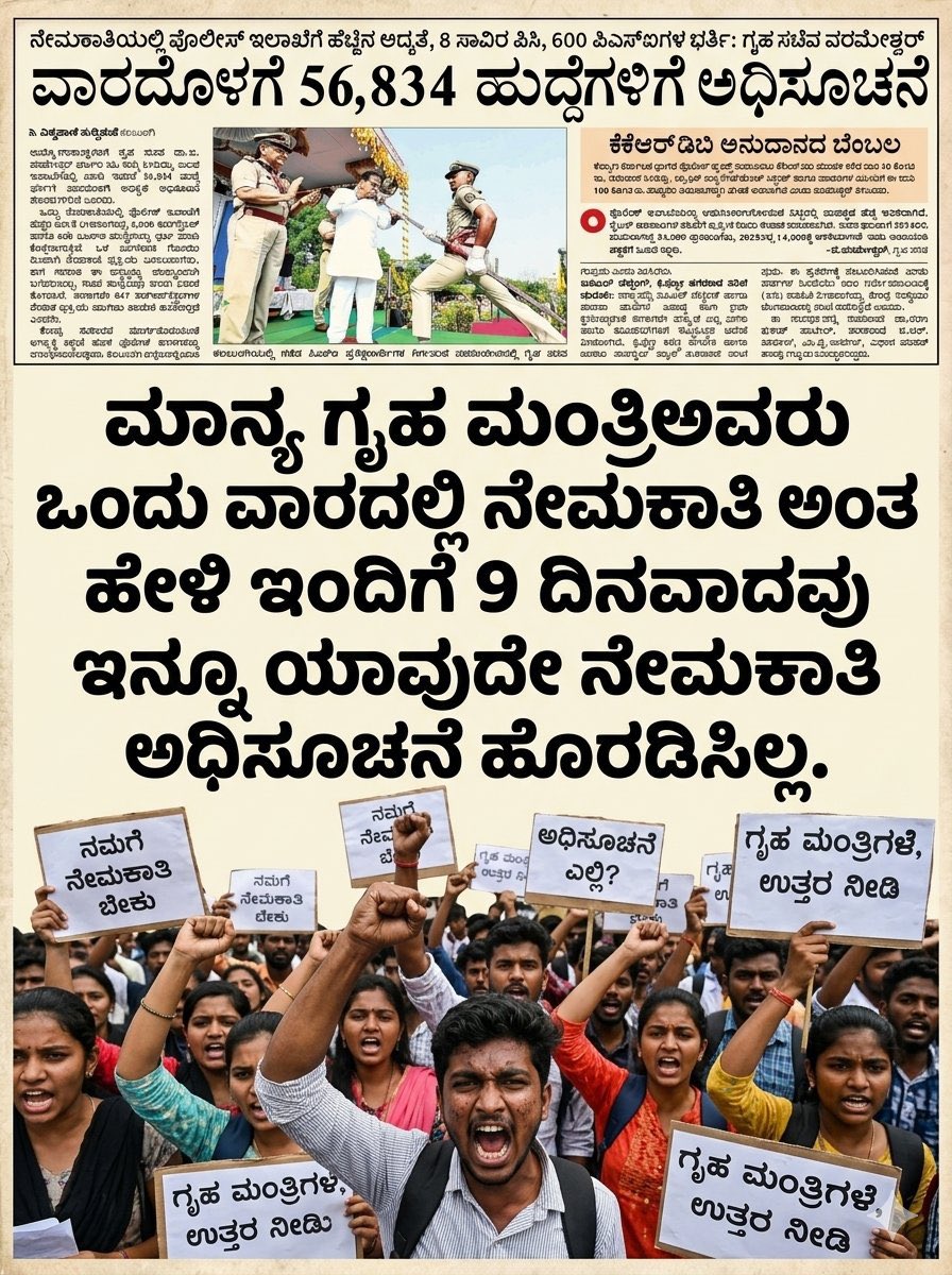 AKSSAofficial's tweet photo. ಇಂದು ನಡೆಯುವ ಸಚಿವ ಸಂಪುಟ ಸಭೆಯಲ್ಲಿ ಒಳ ಮೀಸಲಾತಿ ವಿಚಾರವನ್ನು ಗಂಭೀರವಾಗಿ ಚರ್ಚಿಸಿ ಅಂತಿಮ ತೀರ್ಮಾನ ಕೈಗೊಳ್ಳಬೇಕು. ಮಾನ್ಯ ಗೃಹ ಸಚಿವ Dr. G. Parameshwara ಅವರು ನೀಡಿದ ಭರವಸೆಯಂತೆ ಶುಕ್ರವಾರದಿಂದಲೇ ಪೊಲೀಸ್, ಶಿಕ್ಷಣ, ಆರೋಗ್ಯ ಸೇರಿದಂತೆ ಎಲ್ಲಾ ಇಲಾಖೆಗಳ ನೇಮಕಾತಿ ಪ್ರಕ್ರಿಯೆಗಳನ್ನು ತಕ್ಷಣ ಆರಂಭಿಸಬೇಕು.

ರಾಜ್ಯದ ಲಕ್ಷಾಂತರ ಯುವಕರು ಉದ್ಯೋಗಕ್ಕಾಗಿ ವರ್ಷಗಳಿಂದ ಕಾಯುತ್ತಿದ್ದಾರೆ. ಸರ್ಕಾರದ ವಿಳಂಬದಿಂದ ವಿದ್ಯಾರ್ಥಿಗಳು ಹಾಗೂ ಉದ್ಯೋಗಾಕಾಂಕ್ಷಿಗಳ ಭವಿಷ್ಯ ಅತಂತ್ರವಾಗುತ್ತಿದೆ. ಮತ್ತೆ ಯಾವುದೇ ಕಾರಣ ಹೇಳಿ ನೇಮಕಾತಿ ಮುಂದೂಡಿದರೆ, ಅಖಿಲ ಕರ್ನಾಟಕ ರಾಜ್ಯ ವಿದ್ಯಾರ್ಥಿ ಸಂಘಟನೆ ವತಿಯಿಂದ ರಾಜ್ಯಾದ್ಯಂತ ತೀವ್ರ ಹೋರಾಟ ಆರಂಭಿಸಲಾಗುತ್ತದೆ.

ಯುವಕರ ಸಹನೆಯನ್ನು ದುರ್ಬಲತೆ ಎಂದು ಭಾವಿಸಬೇಡಿ. ನಮ್ಮ ಮುಂದಿನ ಹೋರಾಟ ನಿಮ್ಮ ಊಹೆಗೂ ಮೀರಿ ಇರಲಿದೆ.
ಯುವಕರ ಭವಿಷ್ಯದೊಂದಿಗೆ ಆಟವಾಡಬೇಡಿ — ತಕ್ಷಣ ಕ್ರಮ ಕೈಗೊಳ್ಳಿ.

ನೇಮಕಾತಿ ಯಾವಾಗ ❓
@AKSSAofficial @KARGOVTJOBUTS @INCKarnataka

@eshwar_khandre @HKPatilINC @AKSSAofficial @blsanthosh @BJP4Karnataka @INCKarnataka @publictvnews @AsianetNewsSN @prajavani @KannadaPrabha @shalinirajnish @BasanagoudaBJP @Dr_Yathindra_S @RLR_BTM @ashwaveganews @BasanagoudaBJP @PriyankKharge @DKShivakumar @tv9kannada @Sowmyareddyr  @KhMuniyappa @byrathi_suresh @sstangadagi @RahulGandhi @iShivanandpatil @MBPatil @dineshgrao @BZZameerAhmedK @krishnabgowda @laxmi_hebbalkar @dsudhakar2727 @DrParameshwara