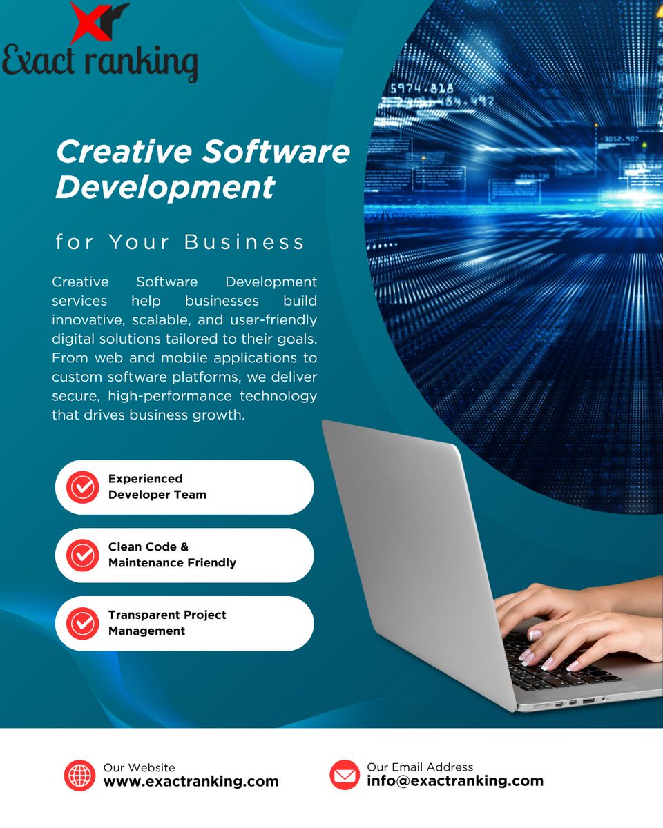 ExactRanking's tweet photo. 🏹Creative Software Development services help businesses build innovative, scalable, and user-friendly digital solutions tailored to their goals.

Visit us- https://t.co/BIIuTrTNr8

#Experienced #Developer #Team #Code #Software #CreativeDevelopment #WebDevelopment #exactranking https://t.co/kXsD43BOS9