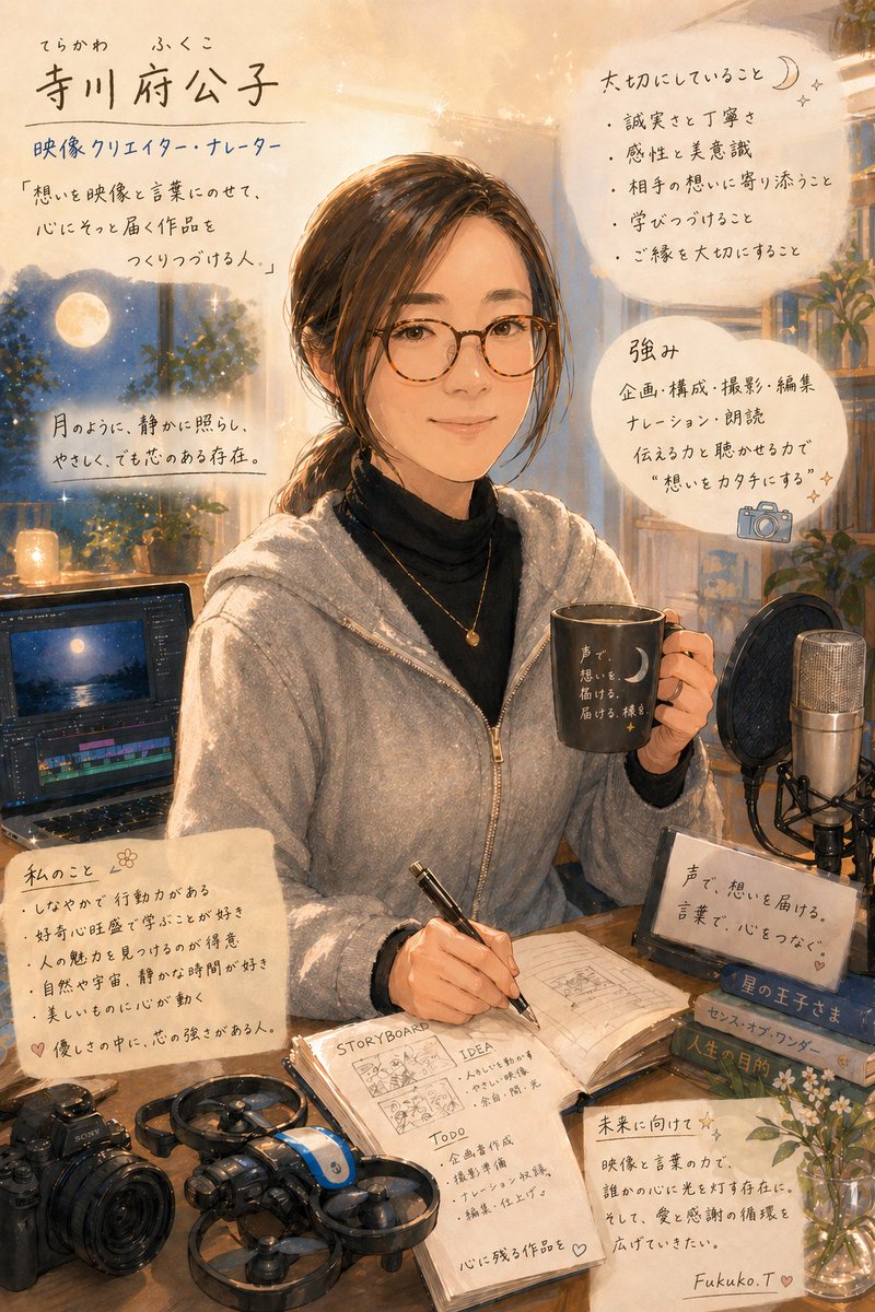 fukutera's tweet photo. 私も真似して作ってみた☺️
いつも仕事や悩みごと相談してるChatGPTに「私について知っていることから、キャラクターイラストを作って」と入れるだけ🌙 https://t.co/m43djyyc60