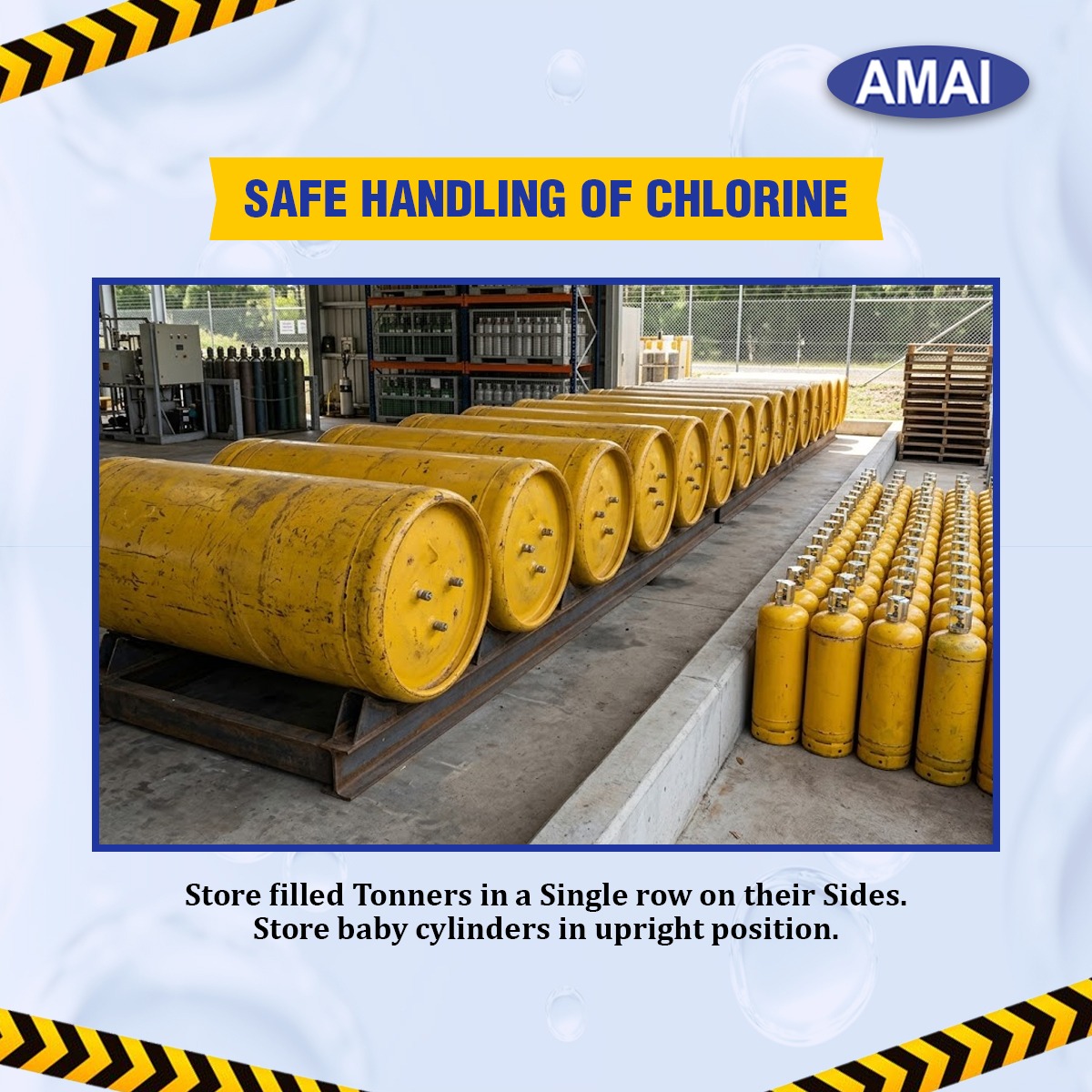 amai_india's tweet photo. Proper storage is the first step towards safety.
Store filled tonners in a single row on their sides and keep baby cylinders upright to prevent risk and ensure stability.
#ChlorineSafety #IndustrialSafety #SafeStorage #ChemicalHandling #WorkplaceSafety #AMAI #ProcessSafety https://t.co/X7nkfRJhXo