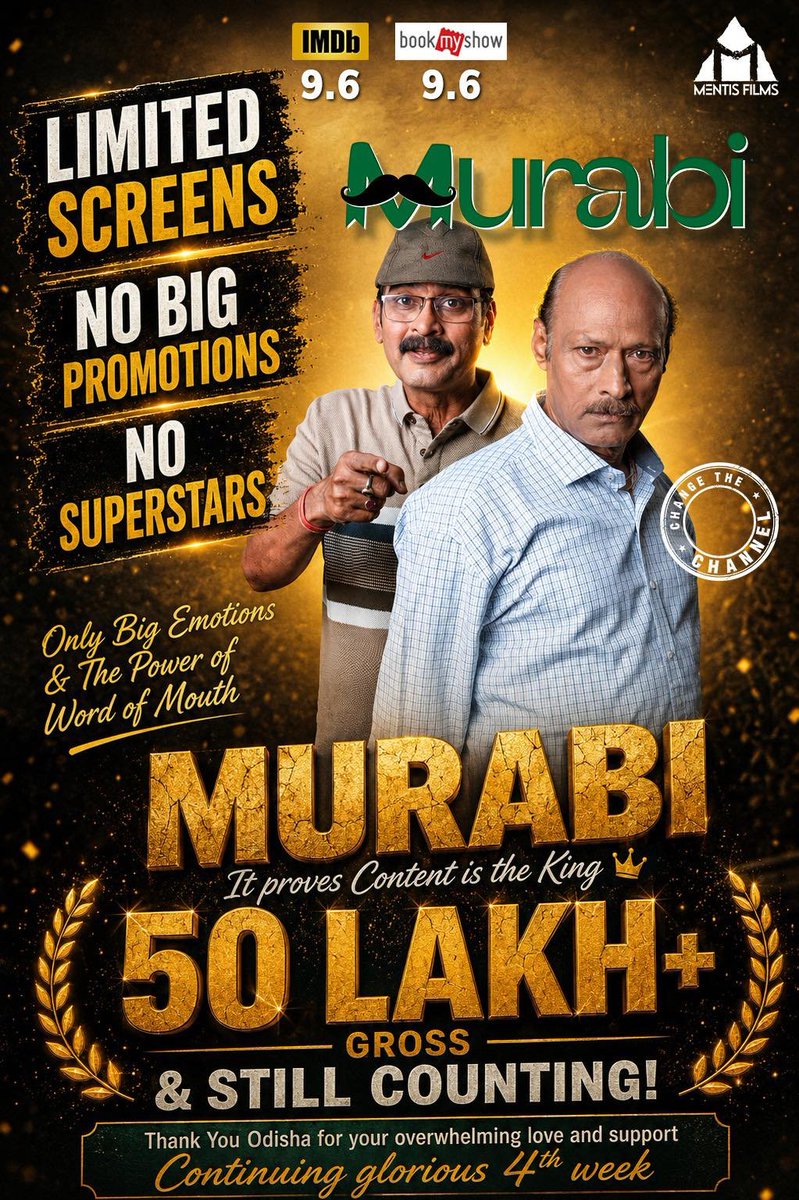 OdiaMovieDB's tweet photo. 🎥 ମୁରବି (MURABI) 👑
Limited Screens 🚫
No Big Promotions ❌
No Big Stars 🌟
Yet 50 Lakh+ Gross 💰 & still counting!
Only Big Emotions ❤️ & strong Word of Mouth 🔥
Odisha continues to shower love in the glorious 4th week 🙏
#Murabi #ContentIsKing #OdiaCinema https://t.co/eCv4uR4qd3