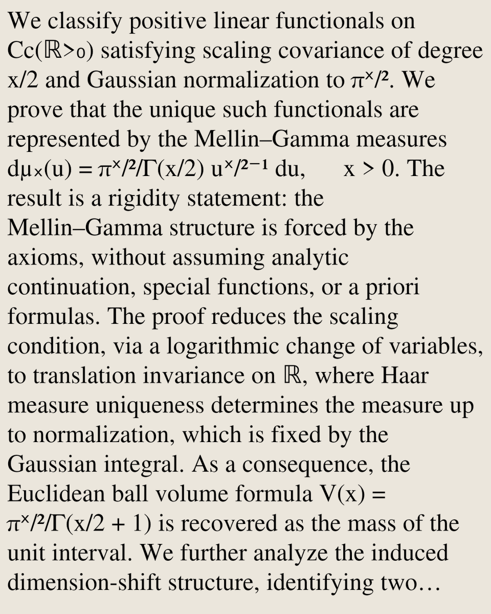 ClassicalODEs's tweet photo. Radial Integration in Continuous Dimension: A Mellin-Gamma Classification of Euclidean Ball Volume

Andreu Ballus Santacana
https://t.co/PjOY9Siy7w [𝚖𝚊𝚝𝚑.𝙲𝙰 𝚖𝚊𝚝𝚑.𝙵𝙰] https://t.co/khBB0Ii25e