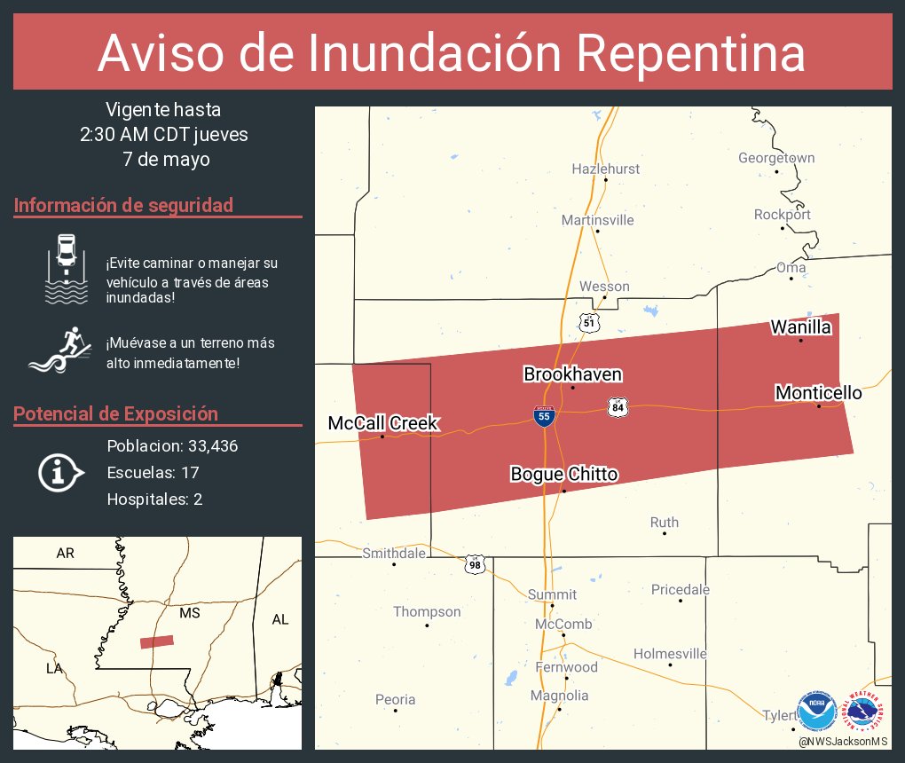 NWSJacksonMS's tweet image. Aviso de Inundación Repentina continúa Brookhaven MS, Monticello MS, Bogue Chitto MS hasta las 2:30 AM CDT