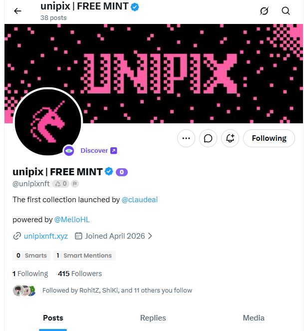 ni_celeb's tweet photo. u don’t find alpha when it’s loud 
u catch it when it’s still forming 👀

@unipixnft  415 follow

first collection tied to @claudeai 

backed by @MelioHL free mint

but feels like a signal, not a giveaway.

low noise. high potential.

stay early 🧠🚀 https://t.co/b5TM3jwCsI