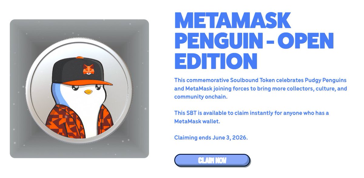 CryptoBikash's tweet photo. MetaMask x Pudgy Penguin Open Edition SBT!

📅 Claim end: June 3rd

✅ Claim here: https://t.co/XWhAWK4i6P https://t.co/a2GJe9DRnw