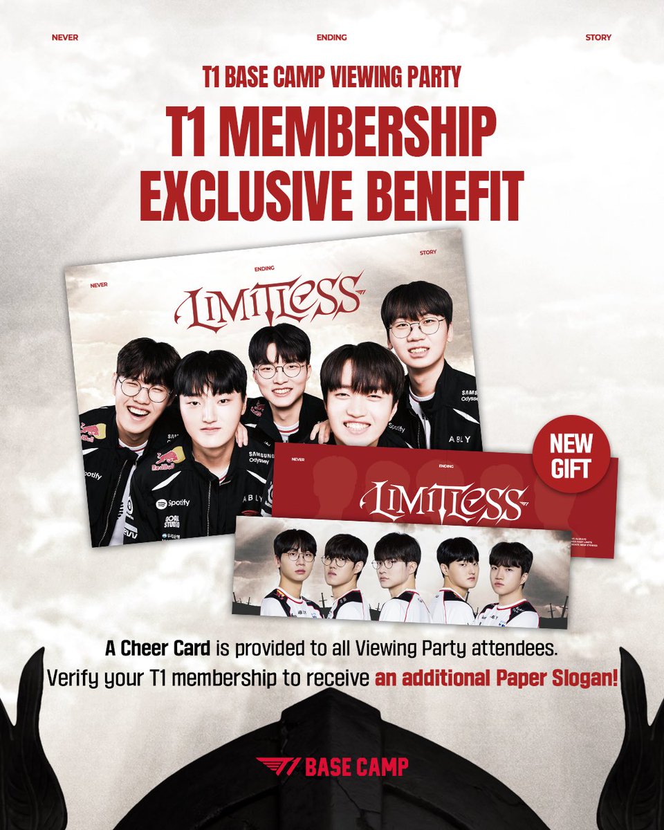 t1basecamp's tweet photo. [T1 BASE CAMP VIEWING PARTY: T1 MEMBERSHIP EXCLUSIVE BENEFIT]

T1 베이스 캠프에서 함께 응원하면 뷰잉파티가 더욱 재밌어집니다 ✨

뷰잉 파티에 참여하는 모든 분께 드리는 치어풀은 물론, 멤버십 인증 시에 드리는 '종이 슬로건' 추가 증정 혜택까지!

📍 대상 지점: TBC 홍대점 / 부산점
🗓️ 이벤트 기간: 2026.05.08(금) 16:00 ~

*상세내용은 게시물을 확인해주세요.

[T1 BASE CAMP VIEWING PARTY: T1 MEMBERSHIP EXCLUSIVE BENEFIT]

Watching the match together at T1 Base Camp makes the viewing party even more exciting! ✨

In addition to the Cheer Card provided to all viewing party attendees, verify your T1 membership to receive an additional Paper Slogan!

📍 Locations: All T1 BASE CAMP branches (Hongdae / Busan)
🗓️ Event Period: May 8, 2026 (Fri) 4 PM KST ~ 

*Please check the post for more details.

#T1BASECAMP #TBC #ToBeContinued #T1 #viewingparty