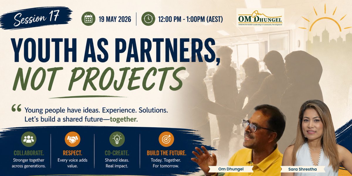 What if young people were treated as partners instead of projects?
Join us for:
 Youth as Partners, Not Projects
 19 May 2026 | 12PM to 1PM AEST

Register:
 connect.omdhungel.com/widget/form/VB…
#YouthLeadership #YouthVoice #LeadershipDevelopment