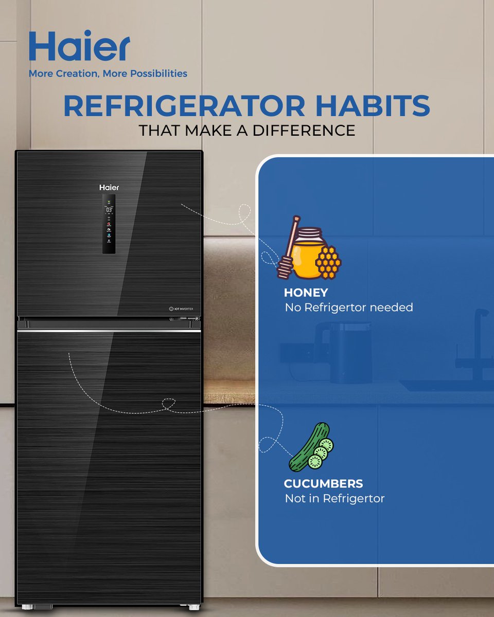 HaierPakistan's tweet photo. Honey → No refrigerator.
Cucumbers → No refrigerator. A right habit makes A difference. Keep it fresh, keep it smart. 
Shop Now at: https://t.co/ADXAbypicY
#Haier #MoreCreationMorePossibilities #HaierRefrigerator #RefrigeratorHabits #KitchenHacks #FoodStorageTips #FreshThinking https://t.co/lmank8cQqp