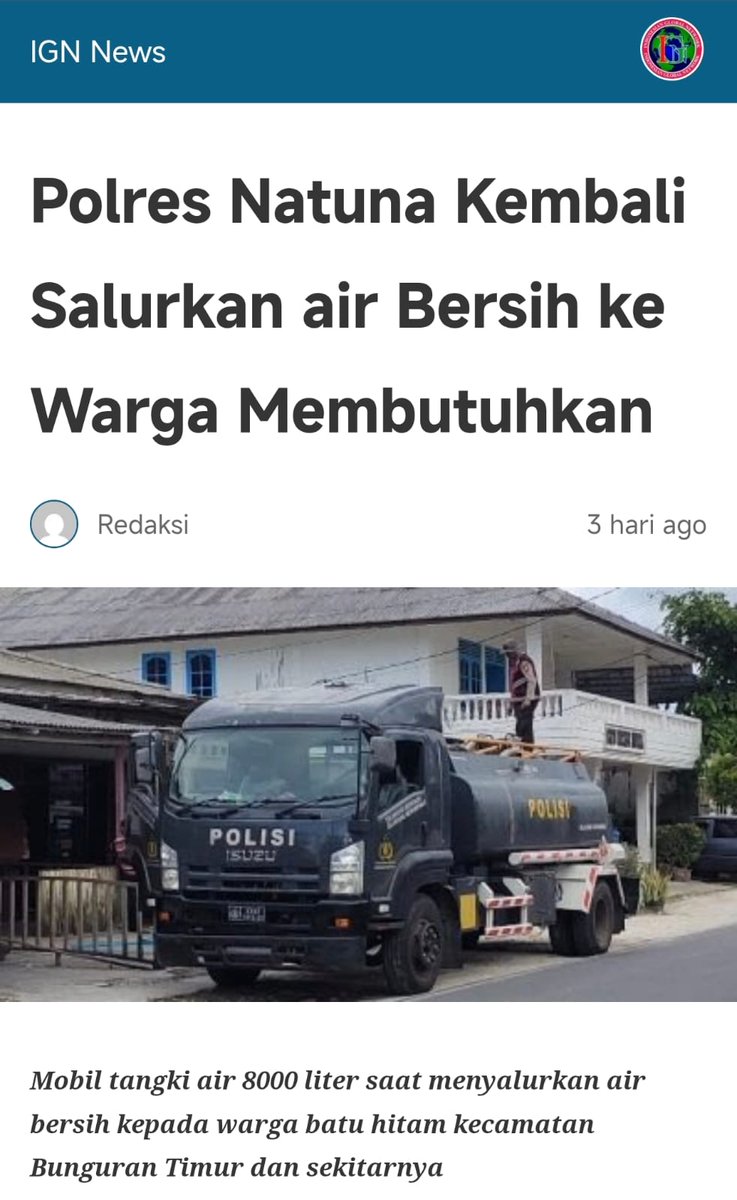 basuniandy1's tweet photo. Polres Natuna kembali salurkan 8000 liter air bersih pakai mobil tangki ke warga Batu Hitam, Bunguran Timur dan sekitarnya. Wujud nyata Polri bantu warga yang membutuhkan. Komitmen Totalitas Pengabdian #HadirLayaniIndonesia https://t.co/X3enEVrvtW