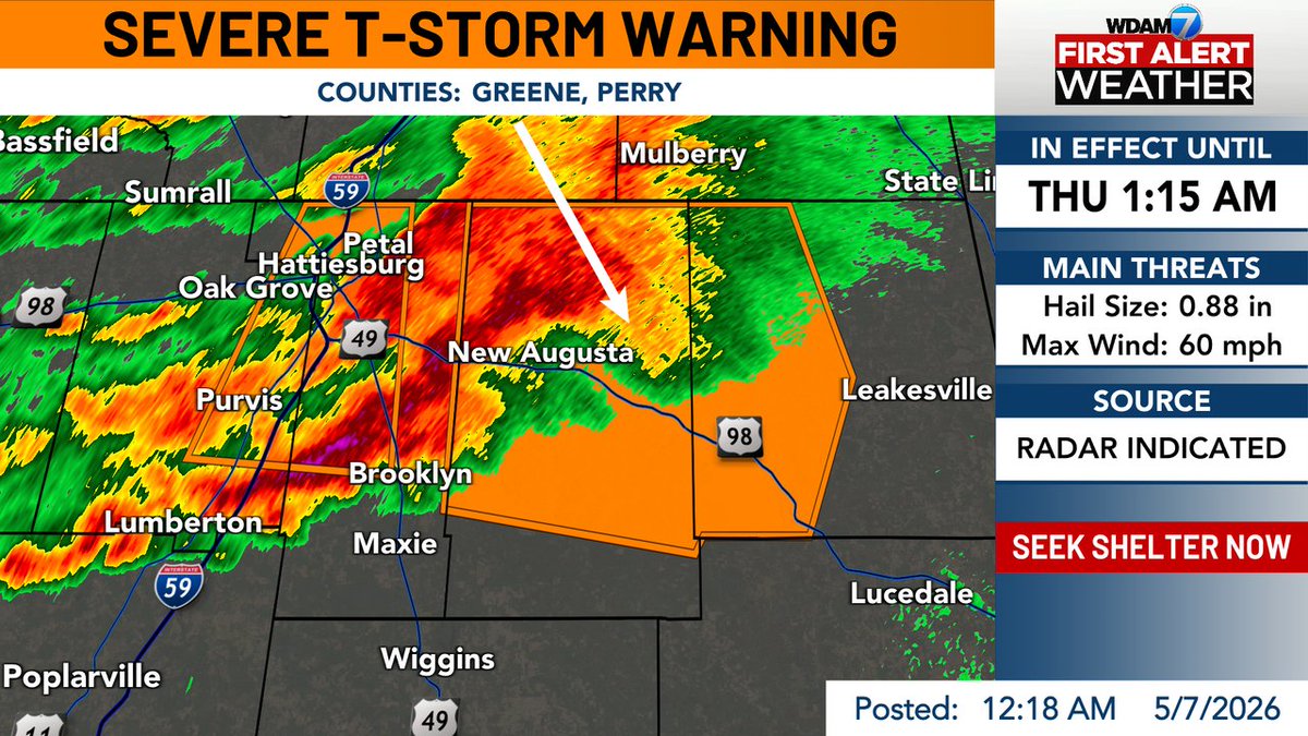 PatrickWDAM's tweet photo. 🚨Severe Thunderstorm Warning has been issued for Perry, Greene County until 5/07 1:15AM. For more info, open the WDAM 7 First Alert Weather App. https://t.co/9eWQtWuTGa