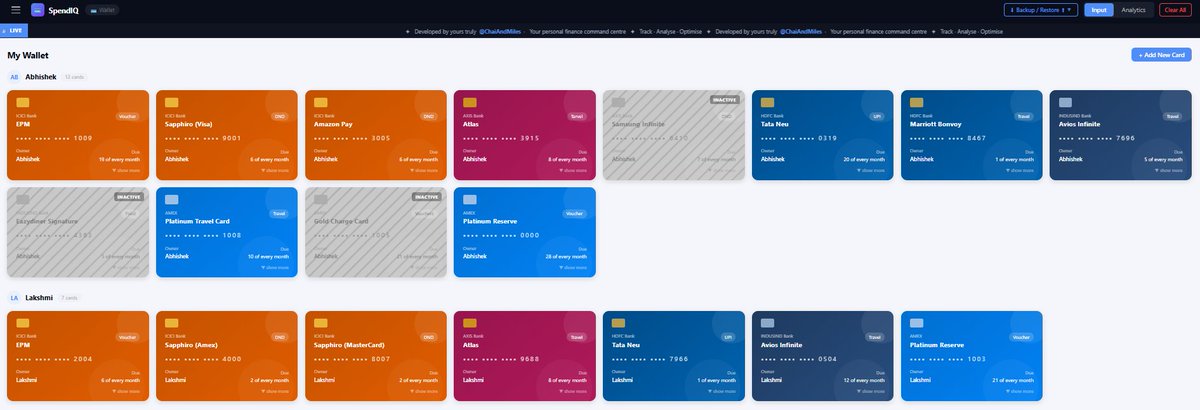 Current Credit Card Stack 💳

Core Setup (4) :
✅Self → EPM + Atlas + Platinum Travel + Tata Neu
☑️Wife → EPM + Atlas + Tata Neu

Satellite cards (3) :
✅Self → Marriott Bonvoy + Avios Infinite + Platinum Reserve
☑️Wife → Avios Infinite + Platinum Reserve

LTF cards (2) :