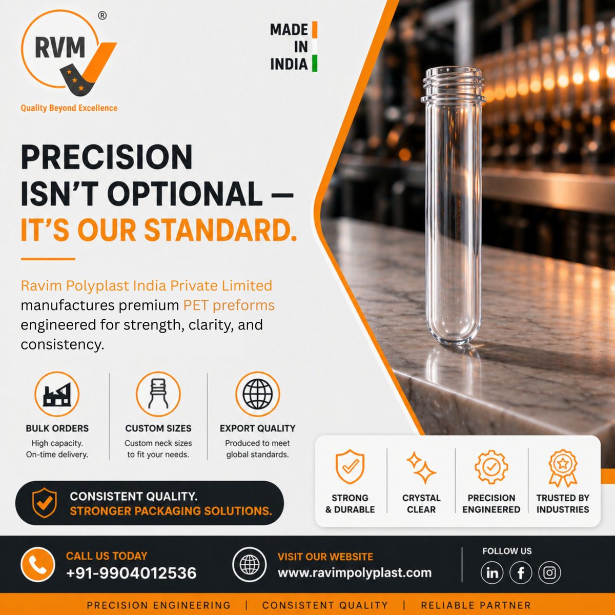 rvm_preforms's tweet photo. 🏭 Precision That Powers Packaging Excellence

At Ravim Polyplast India Pvt. Ltd., we manufacture premium PET preforms designed for superior strength, crystal clarity, and consistent performance.

📞 Call Us: +91 99040 12536
🌐 Website: https://t.co/mrrJgiszPi https://t.co/F2uWmsqdCf