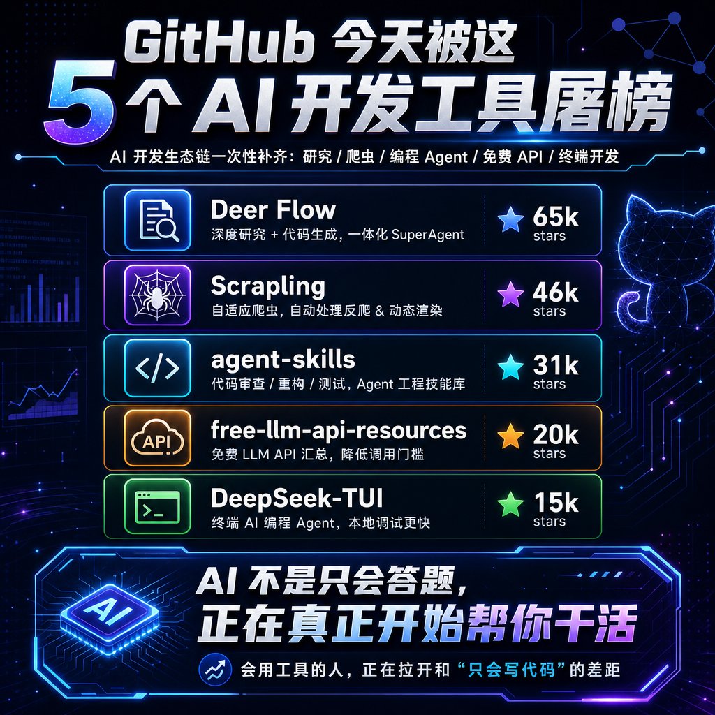 huoshan007's tweet photo. GitHub今天被这5个AI开发工具屠榜！每一条都是硬货

兄弟们，彻底炸裂了！快点进来感受下！

昨晚 GitHub 被这 5 个项目直接血洗

1️⃣ Deer Flow — 字节跳动SuperAgent
65k stars，深度研究+代码生成一体化，AI不再只会答题，真正开始帮你干活了。
🔗 https://t.co/7BI5JLQxmB

2️⃣ Scrapling — 自适应爬虫框架
46k stars，自动处理反爬+动态渲染，写爬虫从此不用跪着调参数。
🔗 https://t.co/w0MQ03lCOT

3️⃣ agent-skills — AI编程Agent工程技能库
31k stars，把代码审查、重构、测试用例封装成标准化模块，Agent终于从"全栈废柴"变成专项高手。
🔗 https://t.co/KSeuPaJOoY

4️⃣ free-llm-api-resources — 免费LLM API汇总
20k stars，聚合全网免费调用渠道，再也不用跪着求API Key了。
🔗 https://t.co/A04f4BxZuy

5️⃣ DeepSeek-TUI — 终��DeepSeek编程Agent
15k stars，命令行里直接跑AI编程，本地调试零延迟，显存不够的救星。
🔗 https://t.co/G5pTXai4tj

AI开发生态链一次性补齐

兄弟们

这波工具潮你不跟

别人写代码你还在土里刨